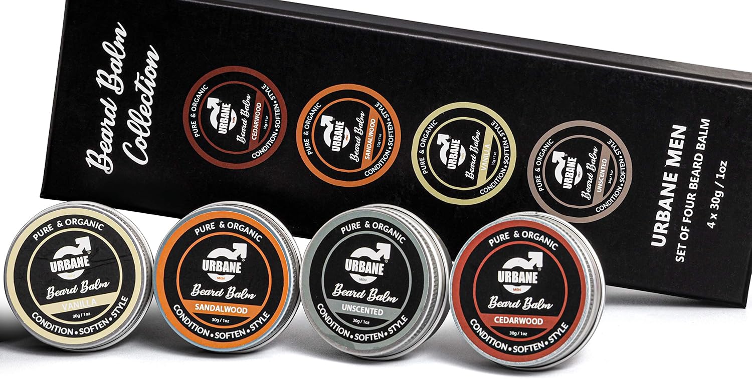 Urbane Men Beard Balm Pack of 4, Premium Beard Kit with Sandalwood, Vanilla, Cedarwood, Unscented Essential Oils