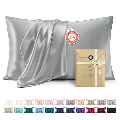 Bedsure Satin Pillow Cases Queen - Similar to Silk Pillowcase 2 Pack Grey | Silky Pillow Cases, Decorative Covers, Room Decor, Gifts for Women Men, Envelope Closure, For Hair Skin, 20" x 30"