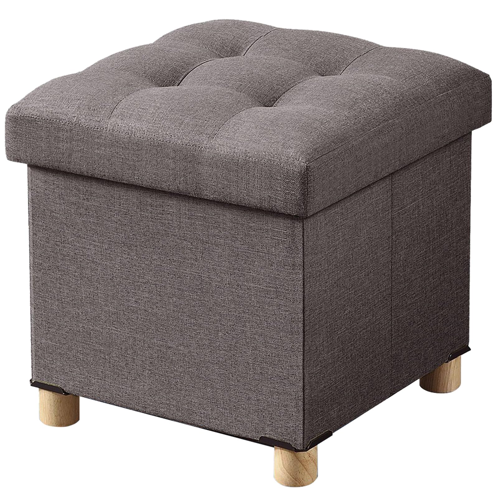 BRIAN & DANY Folding Storage Ottoman with Wood Legs, Linen Foot Stool, Storage Chest with Highly Elastic Sponge Filling, Brown, 38 x 38 x 38 cm