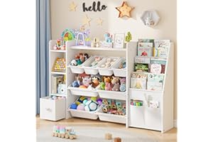 ikkle Kids Toy Storage Organizer Shelf with Bookshelf, 4-Tier Children's Storage Cabinet with Book Shelf and Removable Bins, 