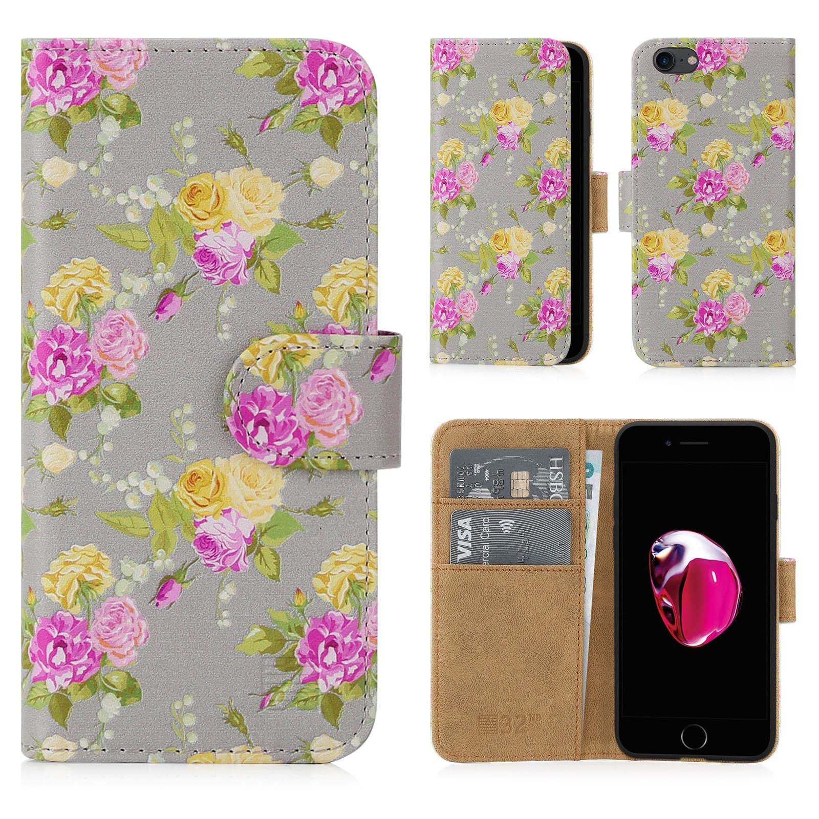 32nd Floral Series - Design PU Leather Book Wallet Case Cover for Apple iPhone 7, 8, SE (2020) & SE (2022), Designer Flower Pattern Wallet Style Flip Case With Card Slots - Vintage Rose Fossil — image 1