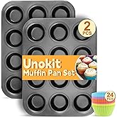 Unokit Muffin Pan for Baking - 2PCS 12-Cup Regular Cupcake Pan with 24PCS Nonstick Cupcake Liners, Carbon Steel Muffin Tin for Oven, BPA Free and Dishwasher Safe