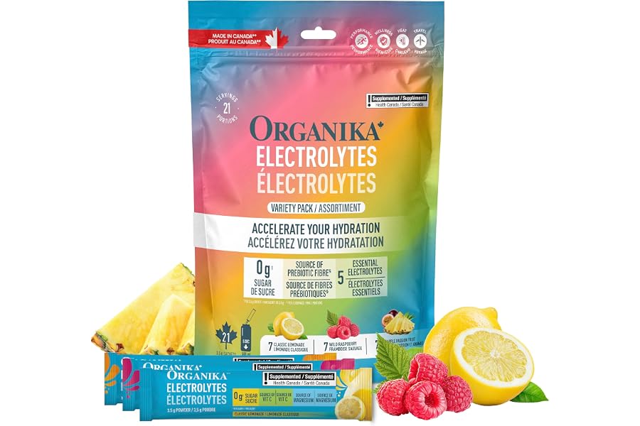 Organika Canadian-Made Electrolytes Powder with Vitamin C & Prebiotic Fibre - Sugar-Free Hydration Drink Mix Variety Pack - L
