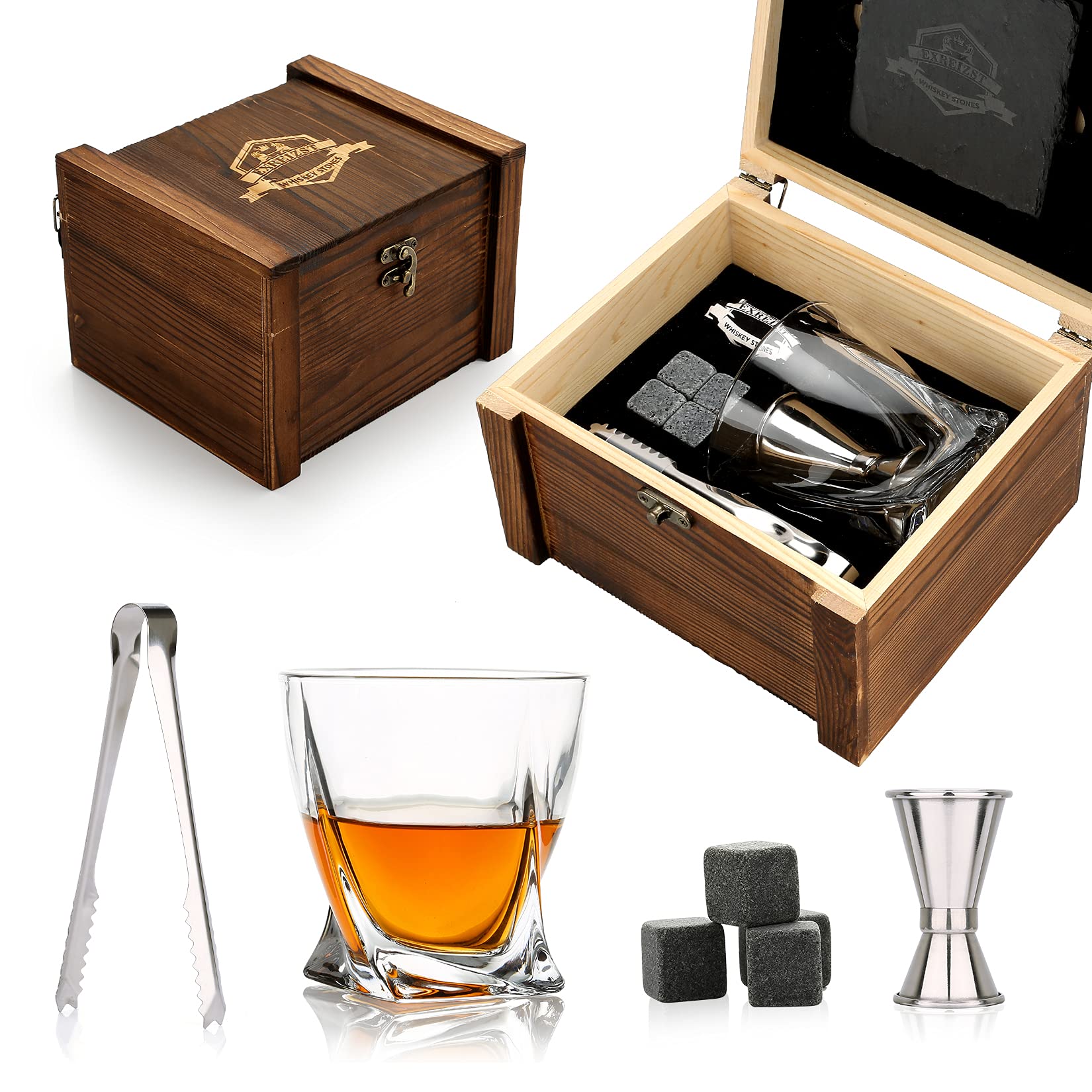 Whisky stones spersonalised whisky glass gift set whisky gifts for men Whiskey Stones Gift, 4 Whisky Stones + Whisky Rock Glass + Slate Coasters,Birthday Present for Men/Women