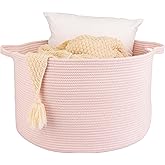 XUANGUO Large Cotton Rope Basket Blankets Basket Living Room 22"x14" Toy Baskets for Kids and Dogs Rope Storage Baskets for Nursery Woven Laundry Baskets for Clothes Towels Baby Toy Storage Round pink