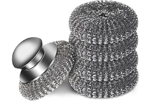 Bambeav 5Pcs Steel Wool Scrubber with Replacement Wire Sponge Pads Set, Stainless Steel Scrubber with Handle for Scouring Stu