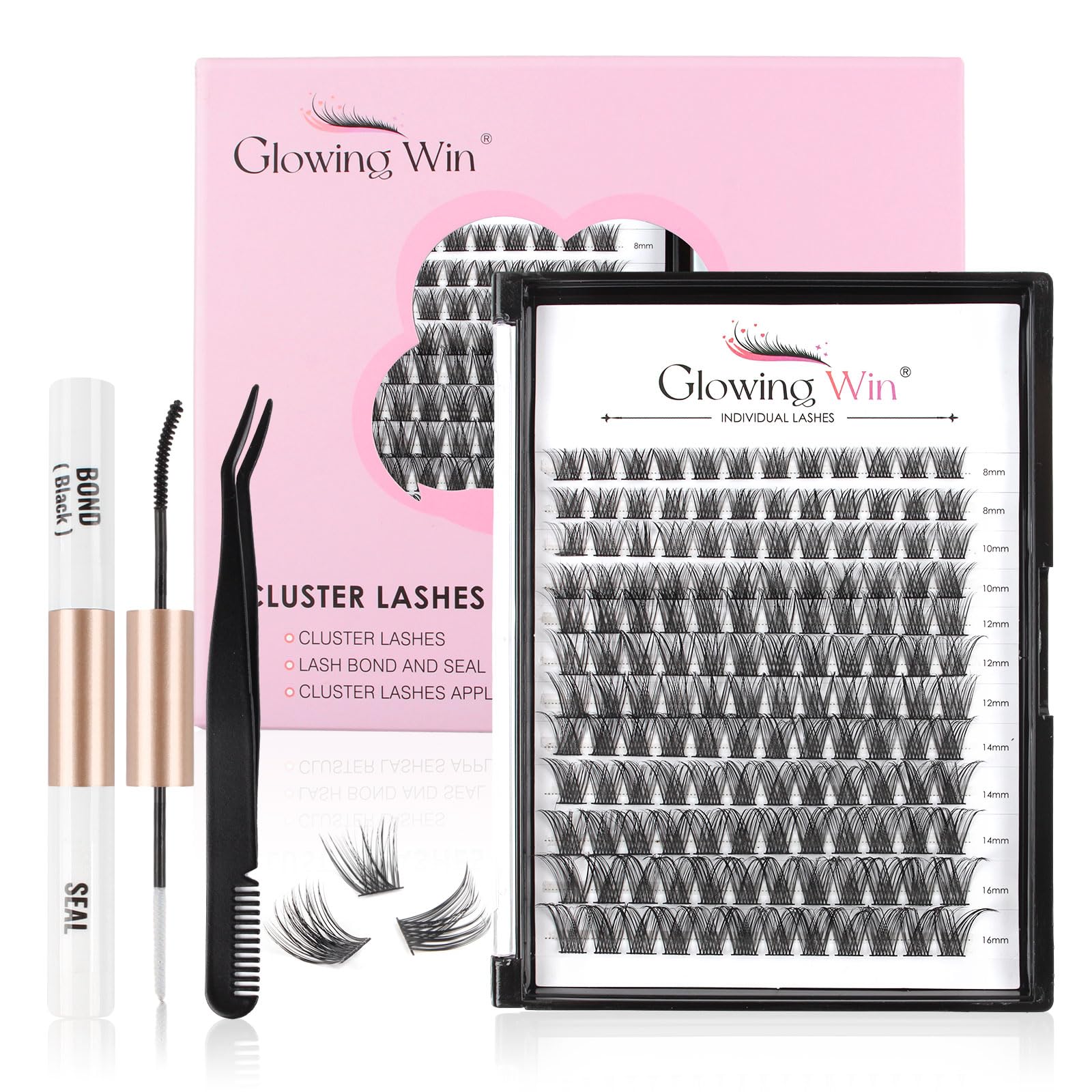Glowing Win Individual Lashes DIY Lash Extensions Kit with Lash Bond&Seal and Tweezers 144PCS Cluster Lashes Set Reusable False Eyelash Extensions Natural Look Mix 8-16mm C D Curl Strip Eye Lashes — image 1