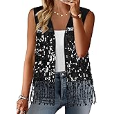 ZXZY Womens Sequin Fringe Sleeveless Vest Sparkly Lightweight Fitted Jacket Cardigan