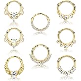LOYALLOOK 8PCS 16G Septum Clicker Ring Stainless Steel CZ Opal Cartilage Helix Tragus Hoop Daith Earrings Nose Rings Hoop Hinged Segment Clicker Ring Piercing Jewelry