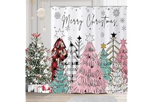 Caheansi Merry Christmas Shower Curtain, Colorful Buffalo Check Plaid Xmas Tree Winter New Year Holiday Bathroom Curtain Waterproof Fabric Machine Washable with Hooks, 72" Wx72 L