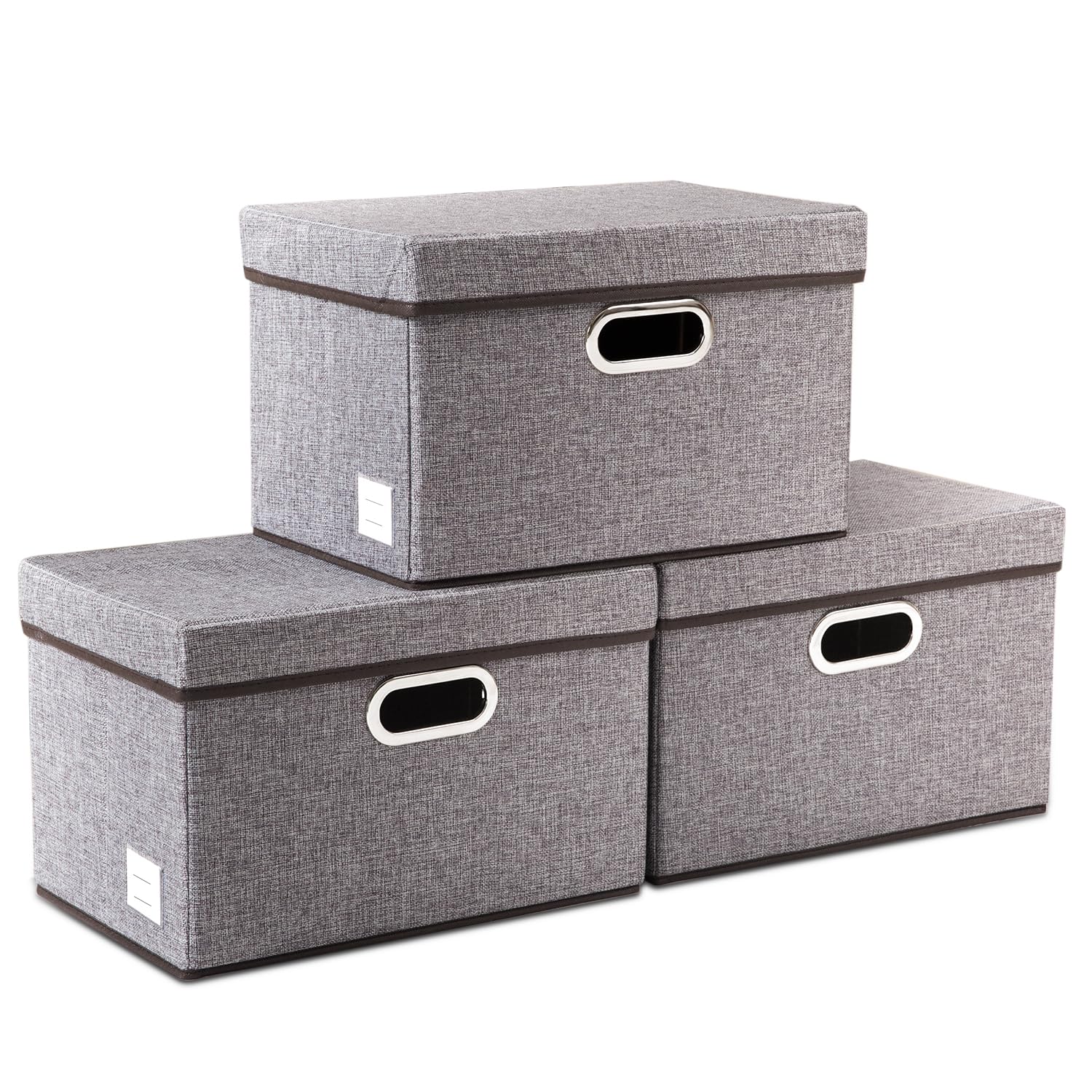 Storage Boxes with Lids,Collapsible Linen Fabric Storage Box,Decorative Bins,Really Useful Box,Clothing Storage,Stackable,38x25x25cm,Grey[3-Pack]