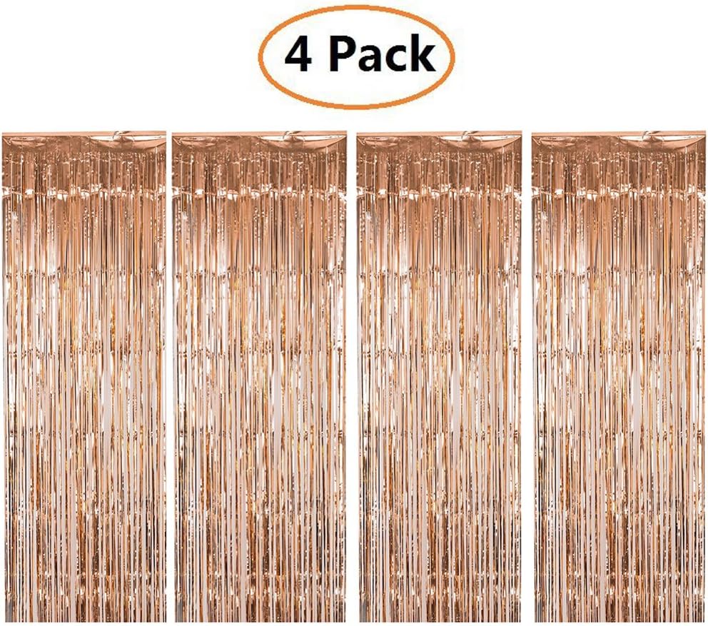 Shiny Metallic Foil Fringe Tinsel Curtain Rose Gold Shimmer Curtain Door & Window Curtain Party Decoration Champagne Themed Bridal Shower Supplies (3 ft X 6 ft) (4 Pack)