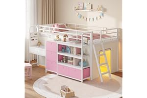 DICTAC Low Loft Bed with Desk and 6 Storage Drawers Twin Loft Bed with Bookshelf,LED Lights & Under-Bed Play Space,Kids Twin Beds with 13.8''H Safety Guardrail,Inclined Ladder&Play Curtain,Pink+White