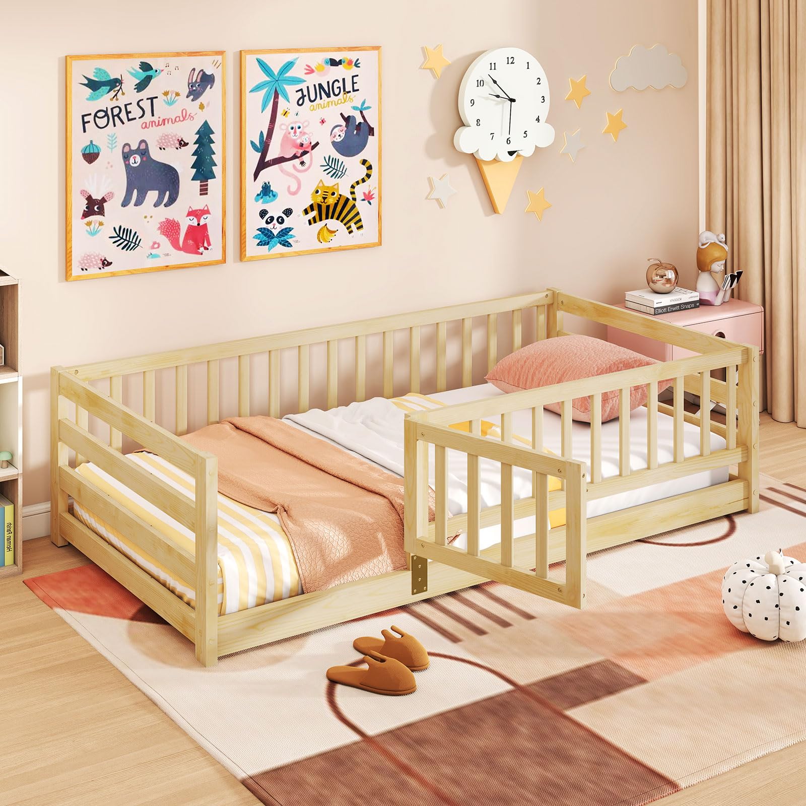 Giantex Twin Floor Bed with High Fence & Door, Montessori Floor Bed with 21.5" Safety Guardrails, Solid Wood Twin Beds Frame for Kids Girls, Boys, Without Slats, Natural