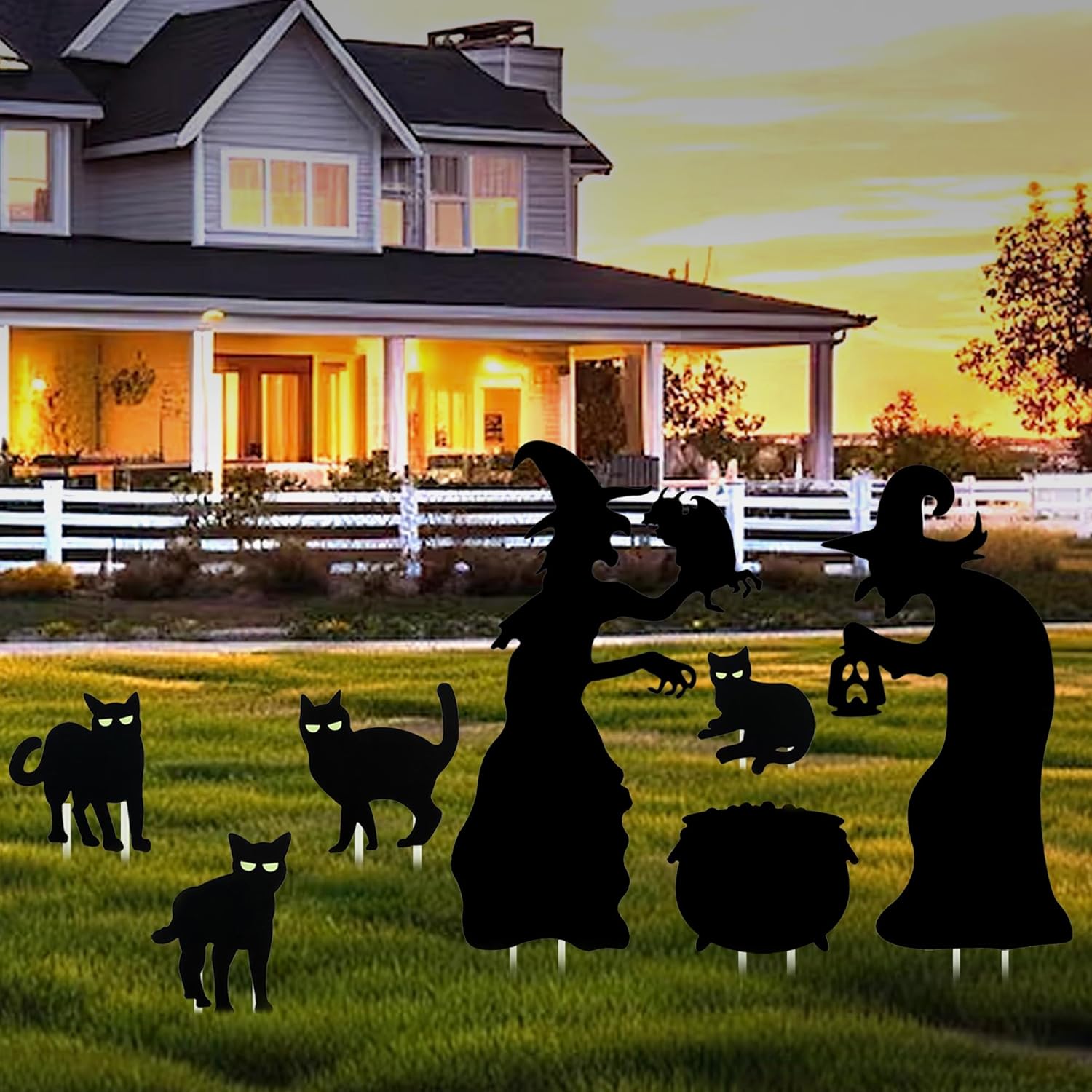 Yard Signs - Halloween Yard Decorations Outdoor Décor, 2 Large Black Witches with Cauldron and 4ct Black Cat with Glow in Dark Eyes, Halloween Yard Signs Set (Witch and Black Cat)