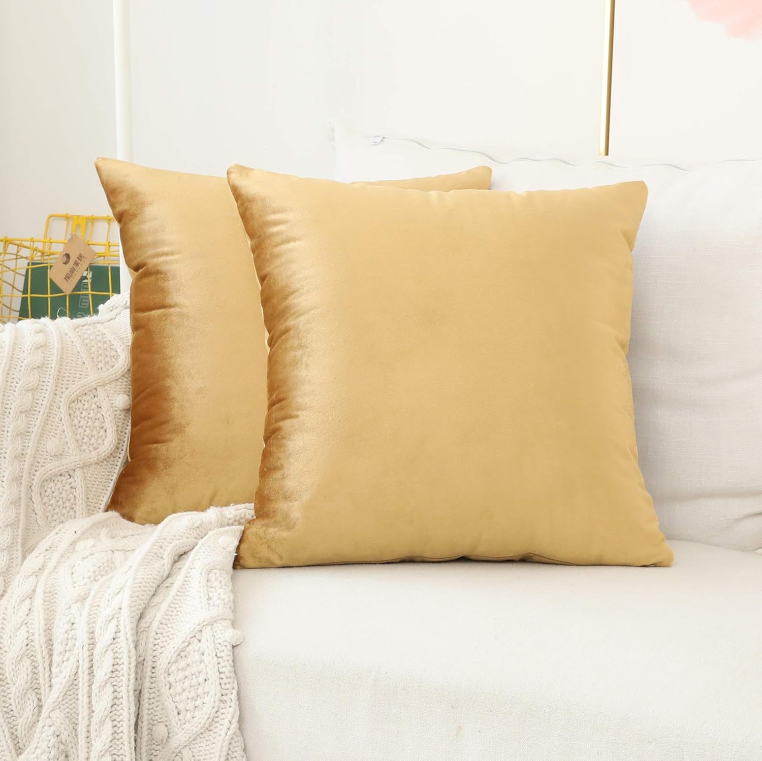 Home Brilliant Velvet Euro Shams Square Large Fall Throw Pillow Covers Decorative Pillowcases for Bed Sofa Couch Office Car, Set of 2, 24 x 24 inches(60cm), Gold