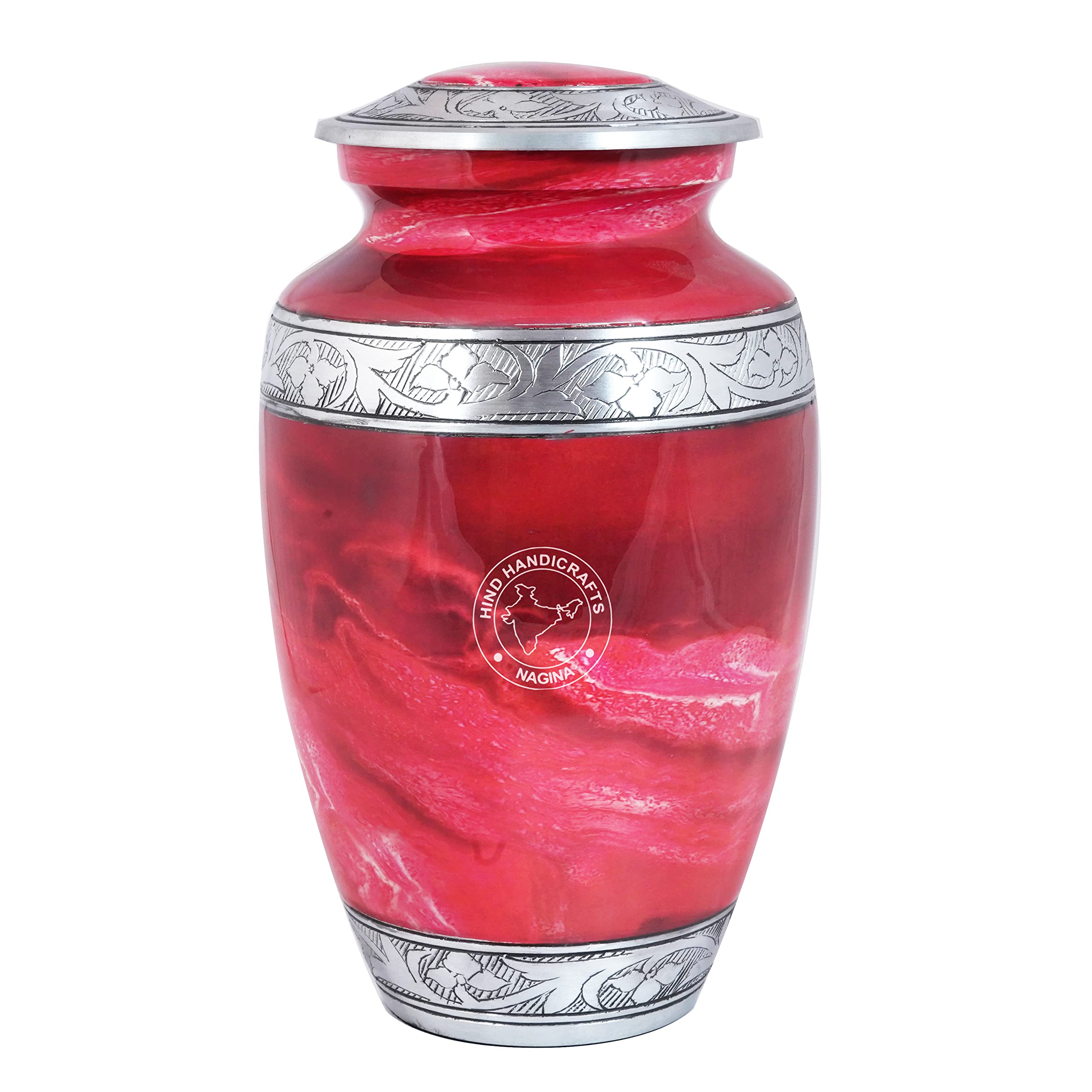 Floral Silver Engraved Cremation Urn for Human Ashes Adult - Handcrafted Funeral Memorial Ashes Urn - Large Columbarium Urn - Bag Included (Red)