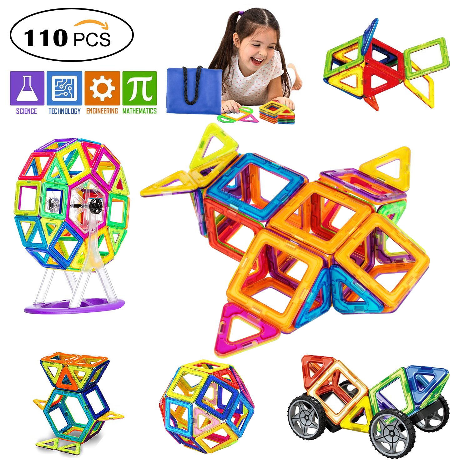 Magnetic Blocks Set 93 PCS Kids Magnetic Toys Construction Building Tiles Blocks for Creativity Educational