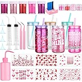 HCEWSBFD 33 Pcs Valentine's Day Globe Tumbler Supplies-16 oz Plastic Snowglobe Cups Squeeze Bottle Bent Spout Syringe Tweezers Funnels Powder Scraper Cup Holder Stickers for Glitter Snow Globe DIY