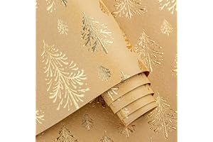 Flyhill Kraft Christmas Wrapping Paper,Gold Lusury 3D Embossed Foil Christmas Trees Wrap Paper for Holiday, Party,Celebration, New Year (17 Inch X 32.8 Feet)