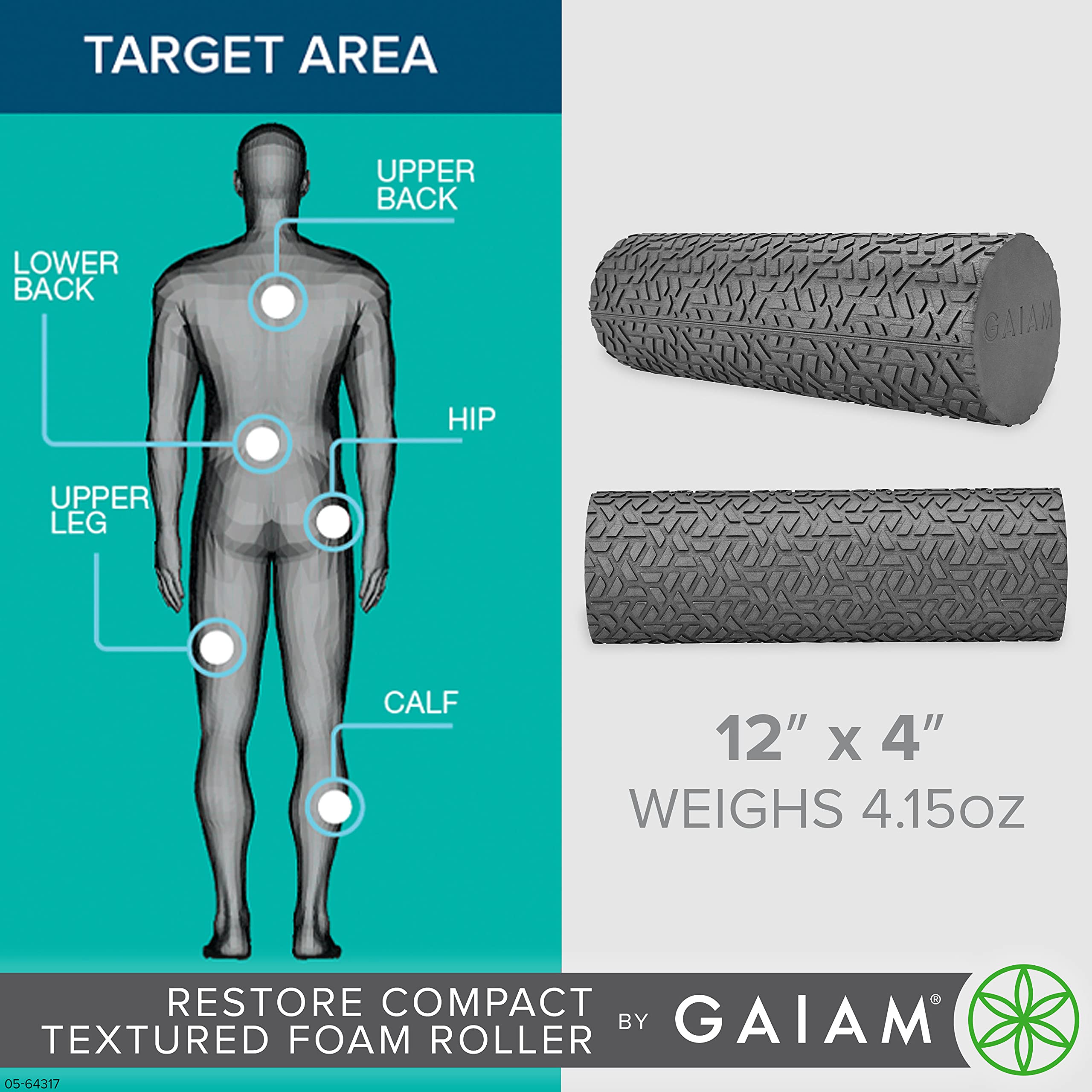 Gaiam Restore Compact Textured Foam Roller for Muscle Repair and Exercise – 12”L X 4