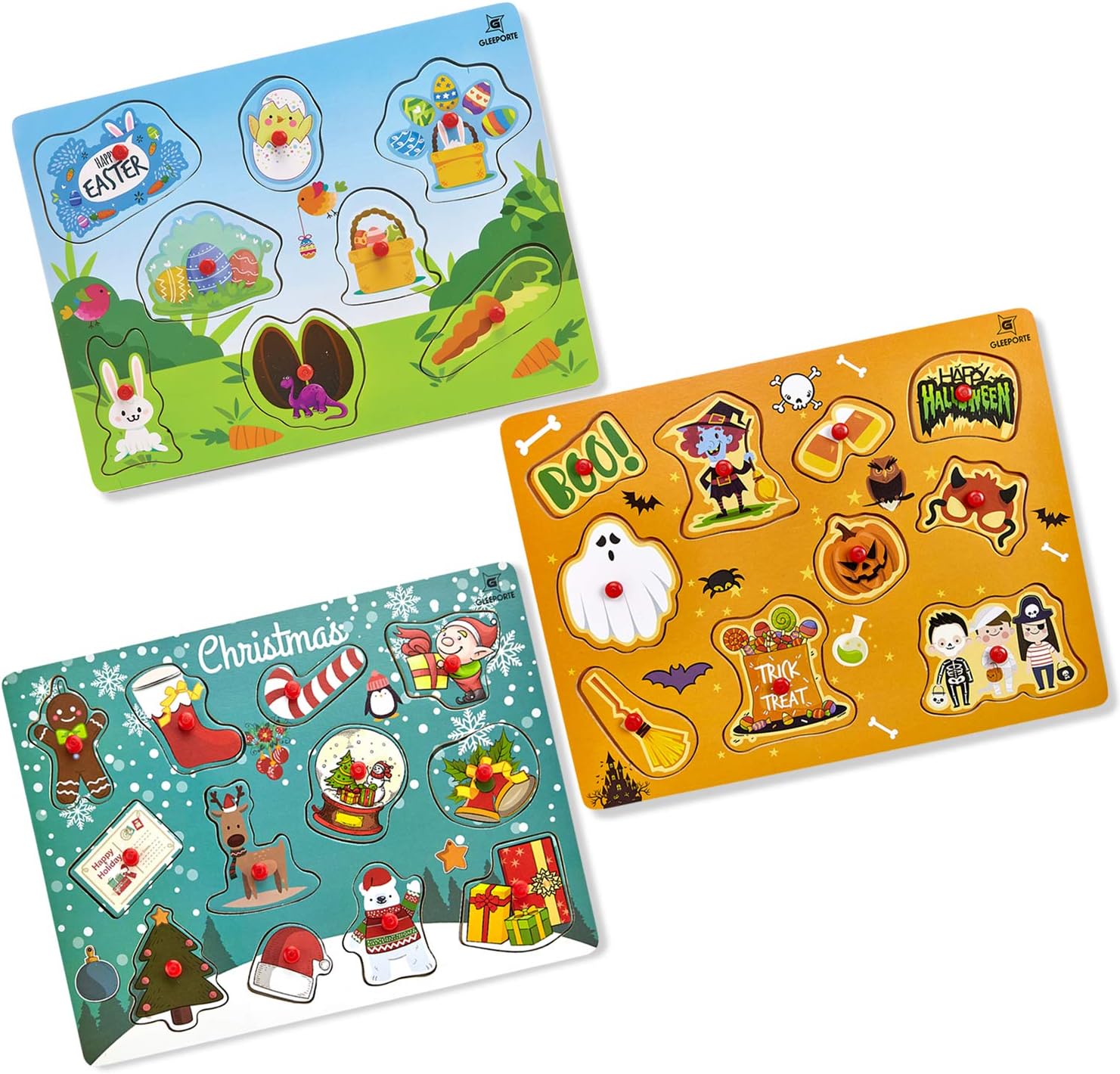 Gleeporte Easter Wooden Peg Puzzles, Holiday Theme | Pack of 3 Learning Educational Pegged Puzzle Boards for Toddler & Kids | Ideal Gift Easter