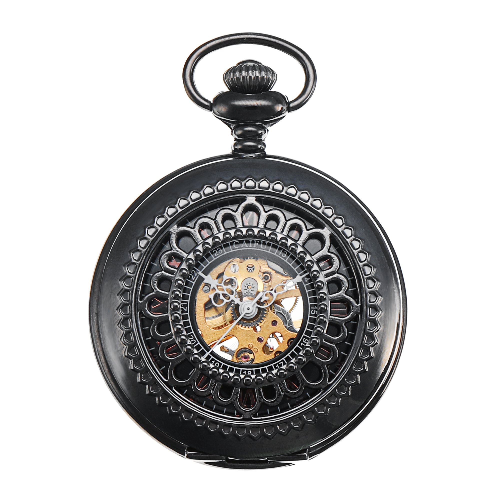 ShoppeWatch Skeleton Pocket Watch Chain Mechanical Hand Wind with Bronze Red Roman Numerals Half Hunter Vintage Antique Look - PW33