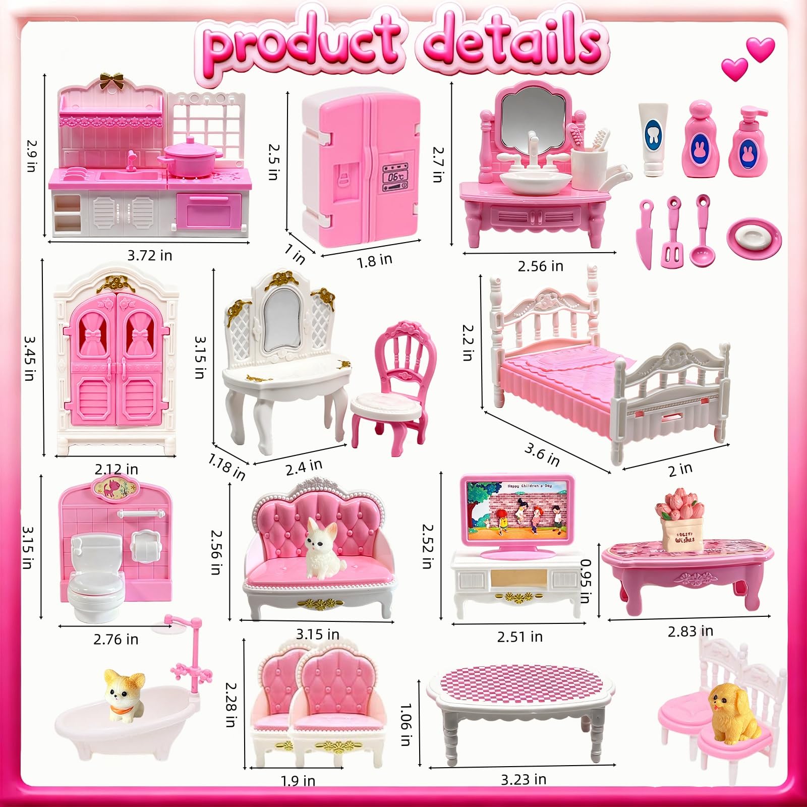 Dollhouse Furniture Set - 38 Pcs,Miniature Accessories with Cat,Dog, Kitchen, Bedroom, Living Room & Bathroom - Doll House Accessories and Furniture Toys for Boys Girls Age 3+