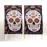 Day of The Dead Sugar Skull Set of 2 Decorative Towels for Bathroom & Kitchen (Black)