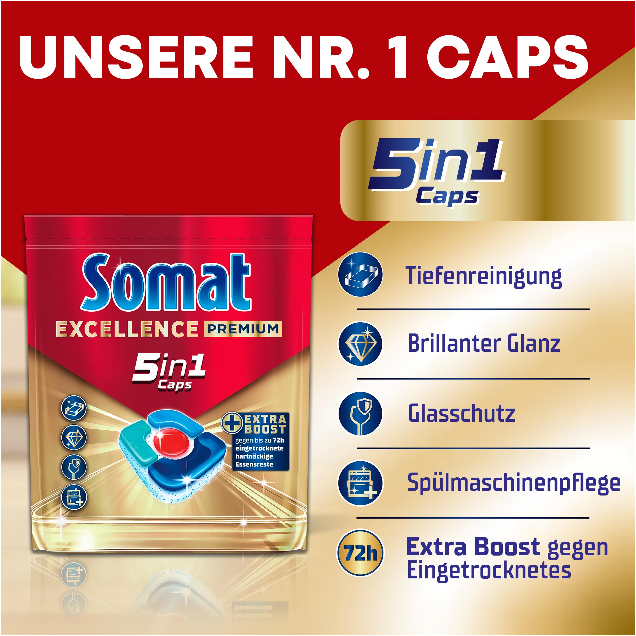 SOMAT Excellence Premium 5in1 Caps (75), schnellauflösende Spülmaschinentabs mit Extra Boost auch im Niedrigtemperatur-, Kurz- & Eco-Programm, entfernen selbst 72 h eingetrocknete Essensreste 2