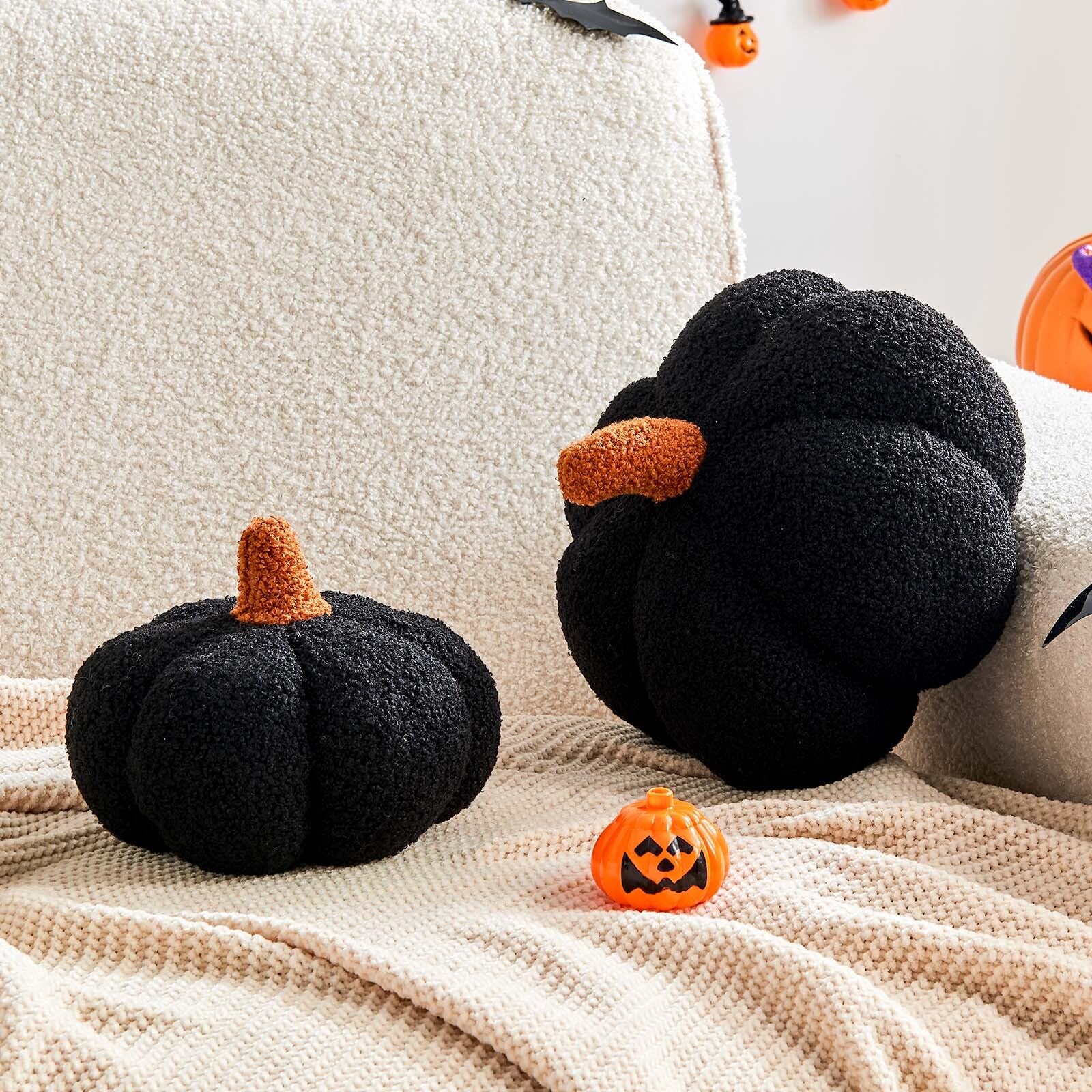Photo 1 of **FACTORY SEALED** Lfsaaj Pumpkin Pillows Set of 2, Black Halloween Fall Throw Pillows, Cute Aesthetic Plush Decorative Pillows, Soft Fleece Sherpa Pumpkin Shaped Plush Cushion for Accent Cushion Gifts for Holiday