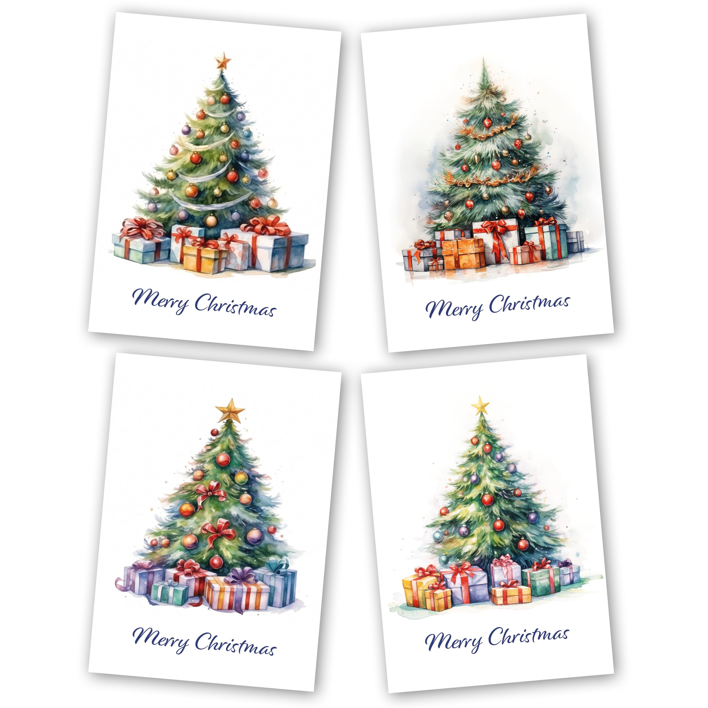 Charity Christmas Cards Pack of 48. Each Christmas Card Pack has 4 Different Watercolour Christmas Tree Designs. Ecofriendly and UK Made. Blank Inside. A6 Card Size.