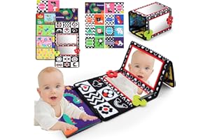 OARIFUN Tummy Time Floor Mirror with Crinkle Cloth Book and Teethers, Double-sided Baby Mirror Black and White High Contrast Baby Toys, Folding Crawling Activity Mat for Infants 3 6 12 Months (B-Mirror+Book)