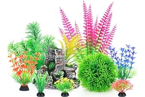 Borlech Aquarium Rock Decorations and Fish Tank Plastic Plants Decor Set 9 Pieces