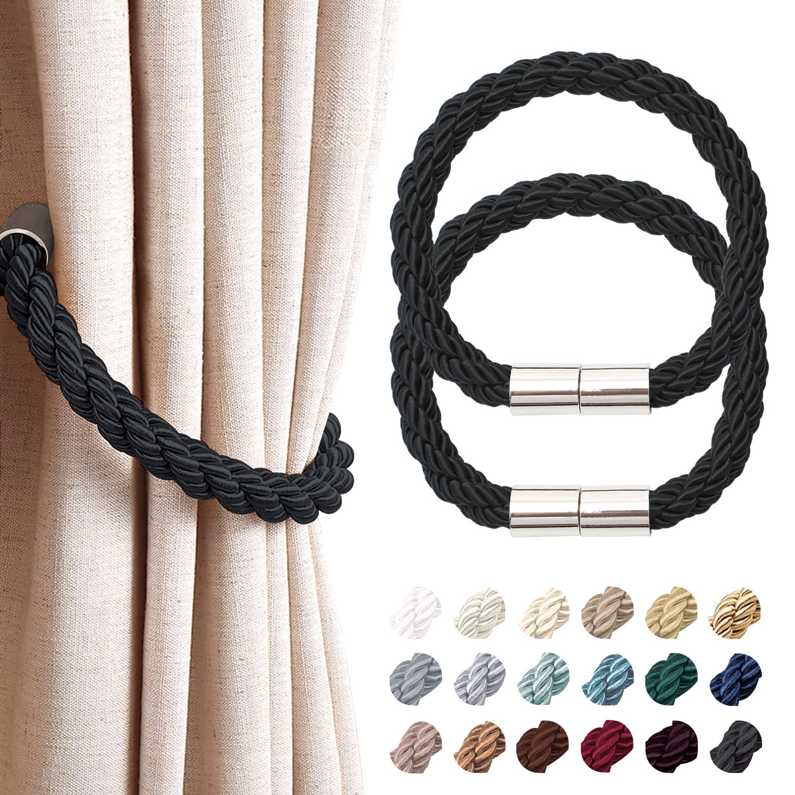 Pretty Jolly 2 Pack Strong Magnetic Curtain Tiebacks Modern Simple Style Drape Tie Backs Convenient Decorative Weave Rope Curtain Holdback for Thin or Thick Home & Office Window Drapery (Black)