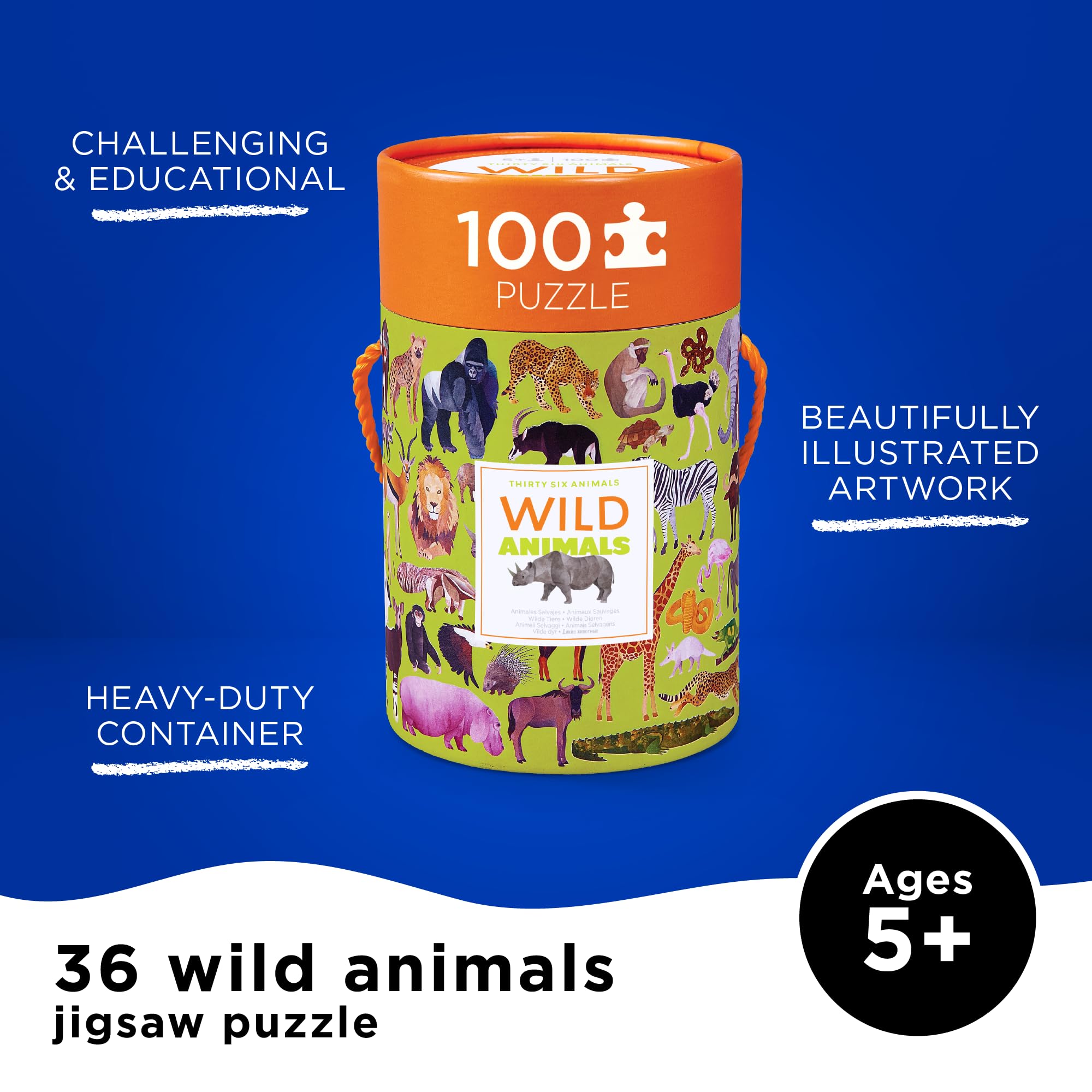 Crocodile Creek 100-Piece Jigsaw Puzzle for Kids Ages 5 and Up - Fun and Educational Table or Floor Puzzles - Storage Canister with Handle - Wild Animals - 14” x 19” Finished