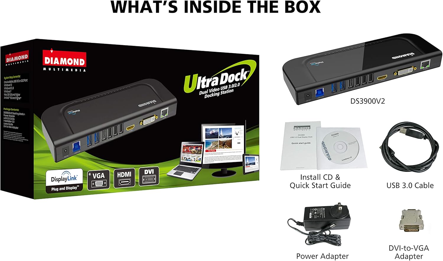 Diamond Multimedia Ultra Dock Dual Video USB 3.0/2.0 Universal Docking Station with Gigabit Ethernet, HDMI and DVI Outputs Audio Input and output for Laptop, Ultrabook, Macbook, Windows 10, 8.1, 8, 7, XP,Mac OS and Android 5.0 and higher. Display Link Certified, DL- 3900 Chip (DS3900V2),Black: Computers & Accessories