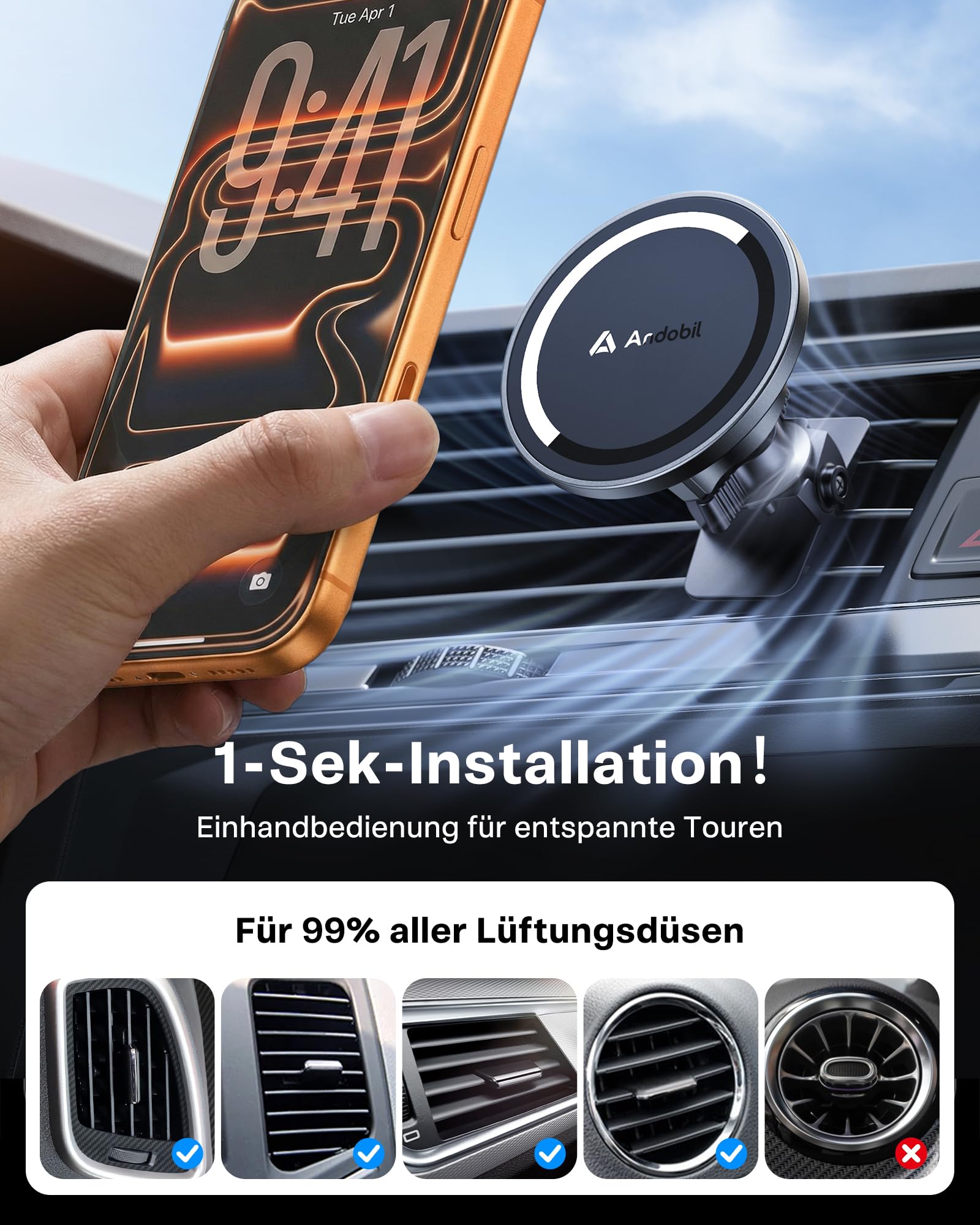 andobil Militar Handyhalterung Auto Magnet [20*N56 Starker Magnet] für Magsafe Autohalterung [2026 Upgraded Lüftungsclip], Handy Halterung Auto Lüftung Kompatibel mit iPhone 17 16 15 14 13 Pro Max 8