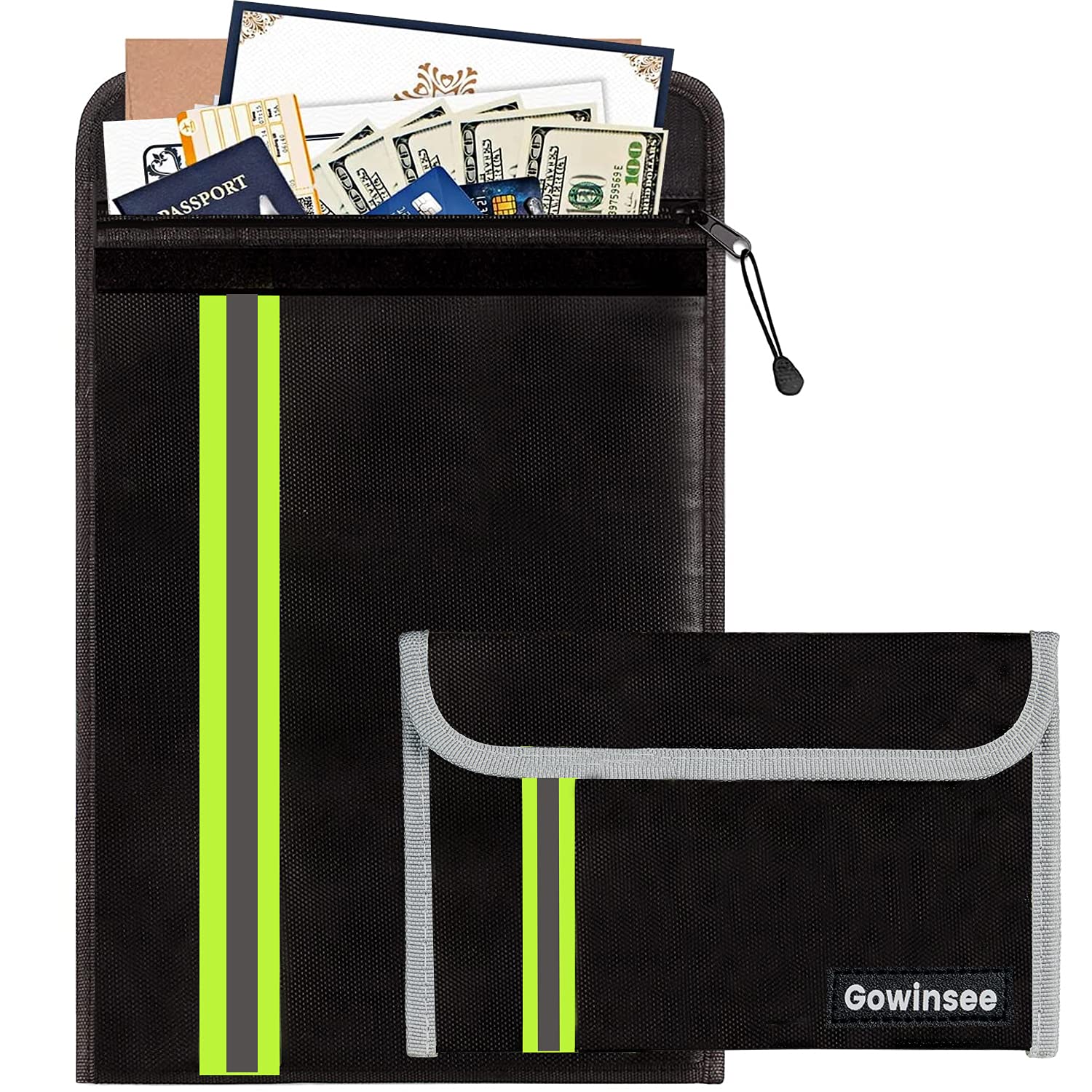 Improved 2 Pack Fireproof and Waterproof Bag (38 x 28.5 cm, 20 x 13.5 cm) Multi-layer fiberglass material, Fireproof waterproof briefcase for A4 documents, passport bank file money valuables