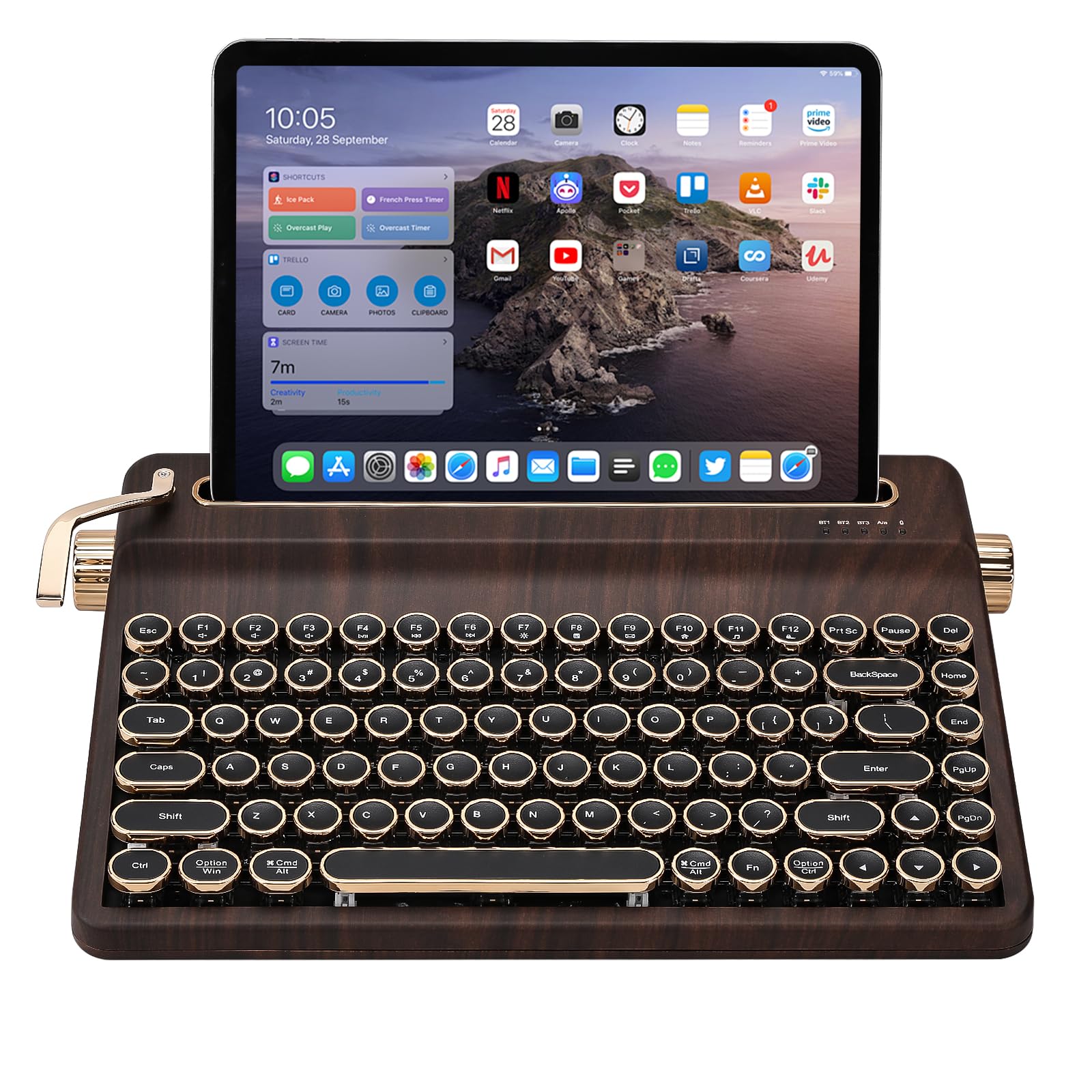 Photo 1 of YUNZII QL75 Wireless Typewriter Hot Swap Retro Mechanical Keyboard,Punk Round Keycaps,RGB Backlit QMK/VIA Programmable, Multi-Device Keyboard with 2.4GHz/Type-C/BT5.0 (Wood, Cocoa Cream V2 Switch)