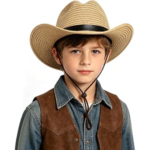 Kids Straw Cowboy Hat - Wide Brim Sun Straw Hat with Leather Band Adjustable Sun Protection Beach Cap for Kid 3-6 Years