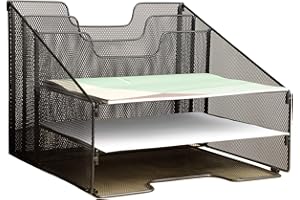 VANRA Desk Organiser Metal Mesh File Sorter Organizer Desktop Letter Tray with 3 Desk Trays and 2 Vertical Upright Sections, Black