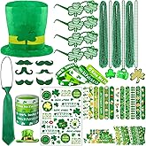 LENOAPHYS St Patricks Day Accessories for Women St Pattys Accessories Decorations Party Favor Packs Bulk Hat Tie Green Beard Tattoo Stickers Glasses Necklace Beads Slap Bracelets
