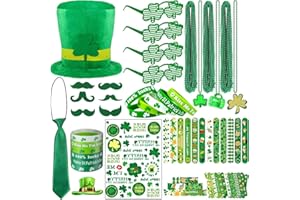 LENOAPHYS St Patricks Day Accessories for Women St Pattys Accessories Decorations Party Favor Packs Bulk Hat Tie Green Beard Tattoo Stickers Glasses Necklace Beads Slap Bracelets