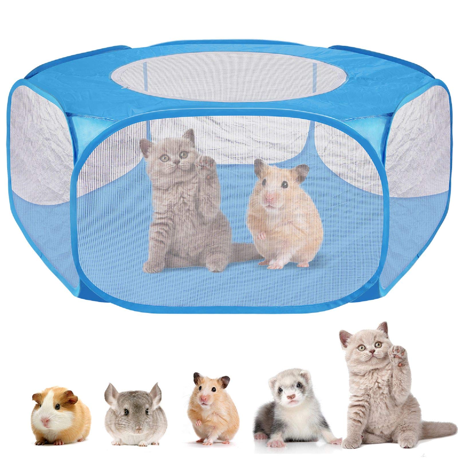Zjyufy Small Animal Playpen, Foldable Pop up Pet Playpen Cage Tent Waterproof Outdoor Indoor Hamster Playpen with Top Cover, Portable Yard Fence Play Pen Breathable for Rabbit Ferret Guinea Pig