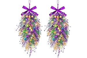 YLOLUL 2 PCS Mardi Gras Purple and Green Glitter Swag Wreaths for Front Door Carnival Party Decor Wreath Mardi Gras Teardrop Swags for Kitchen Cabinet Home Window Chair Wall Indoor Outdoor