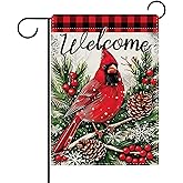 Dyrenson Welcome Christmas Cardinal Decorative Garden Flag, Xmas Red Bird Pine Cone Needle Berries Yard Outside Home Decoration, Winter Holiday Burlap Outdoor Small Decor Double Sided 12 x 18