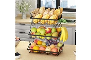 Wisdom Star 3 Tier Fruit Basket Bowl Farmhouse with Side Hooks for Kitchen Countertop, Detachable Metal Bread Fruit Vegetable