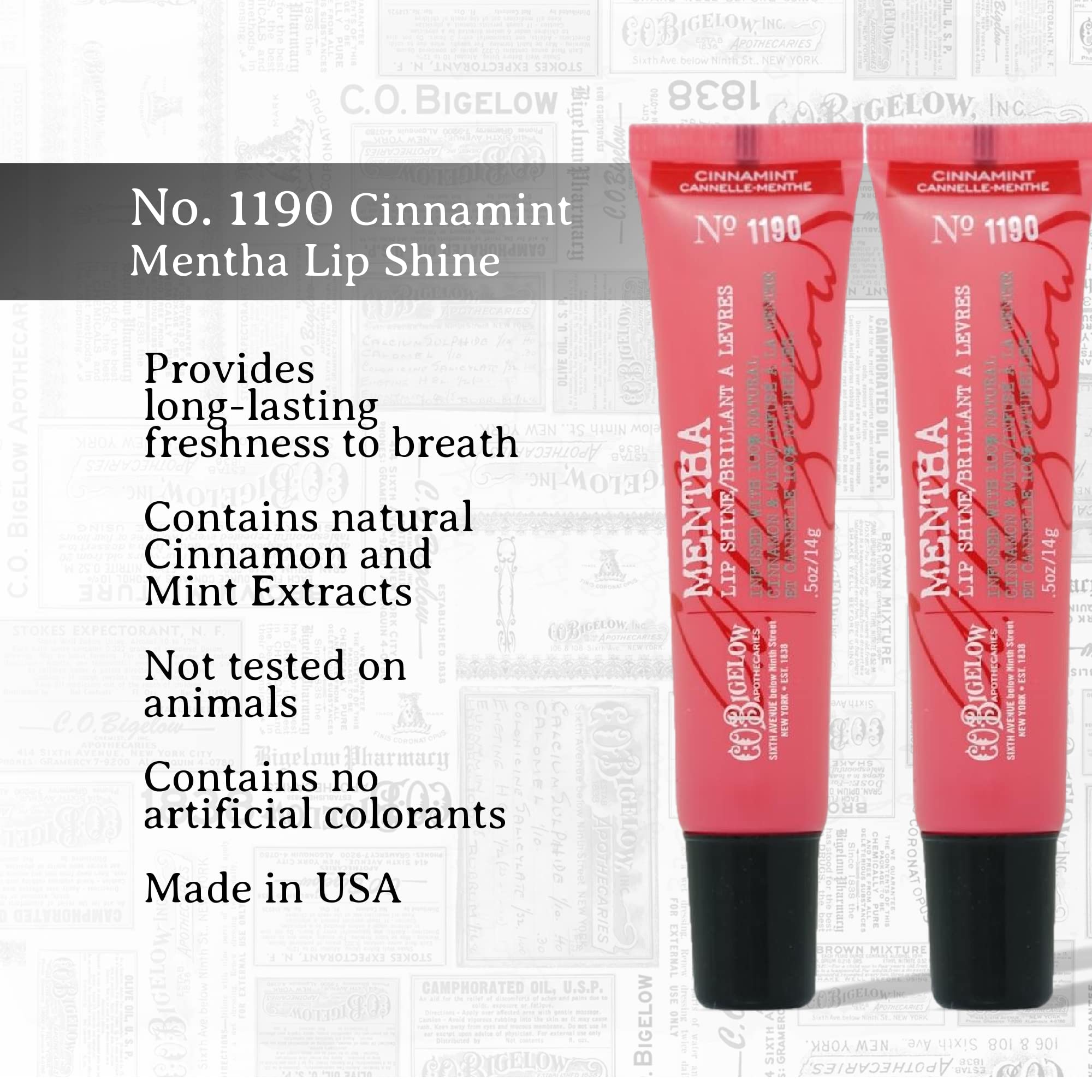 C.O. Bigelow Cinnamint Mentha Lip Shine Balm Tubes, Pack of 3 Bulk Lip Gloss with Cinnamon & Peppermint Oil, High Gloss Shine Finish, 0.5 oz