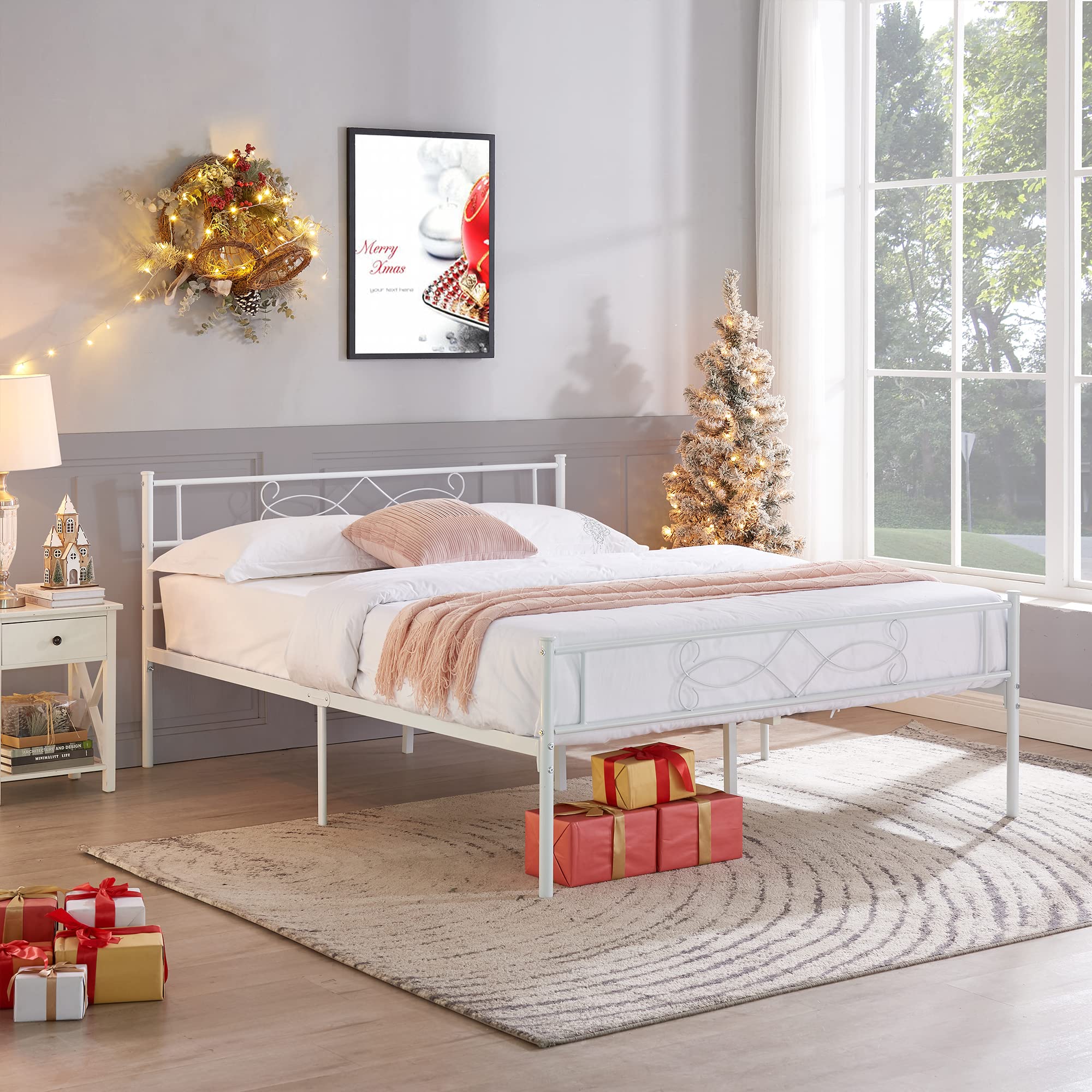 Photo 1 of VECELO 14" Queen Size White Metal Platform Bed Frame with Headboard,Premium Steel Slat Support/No Box Spring Needed/Noise-Free/Easy Assembly